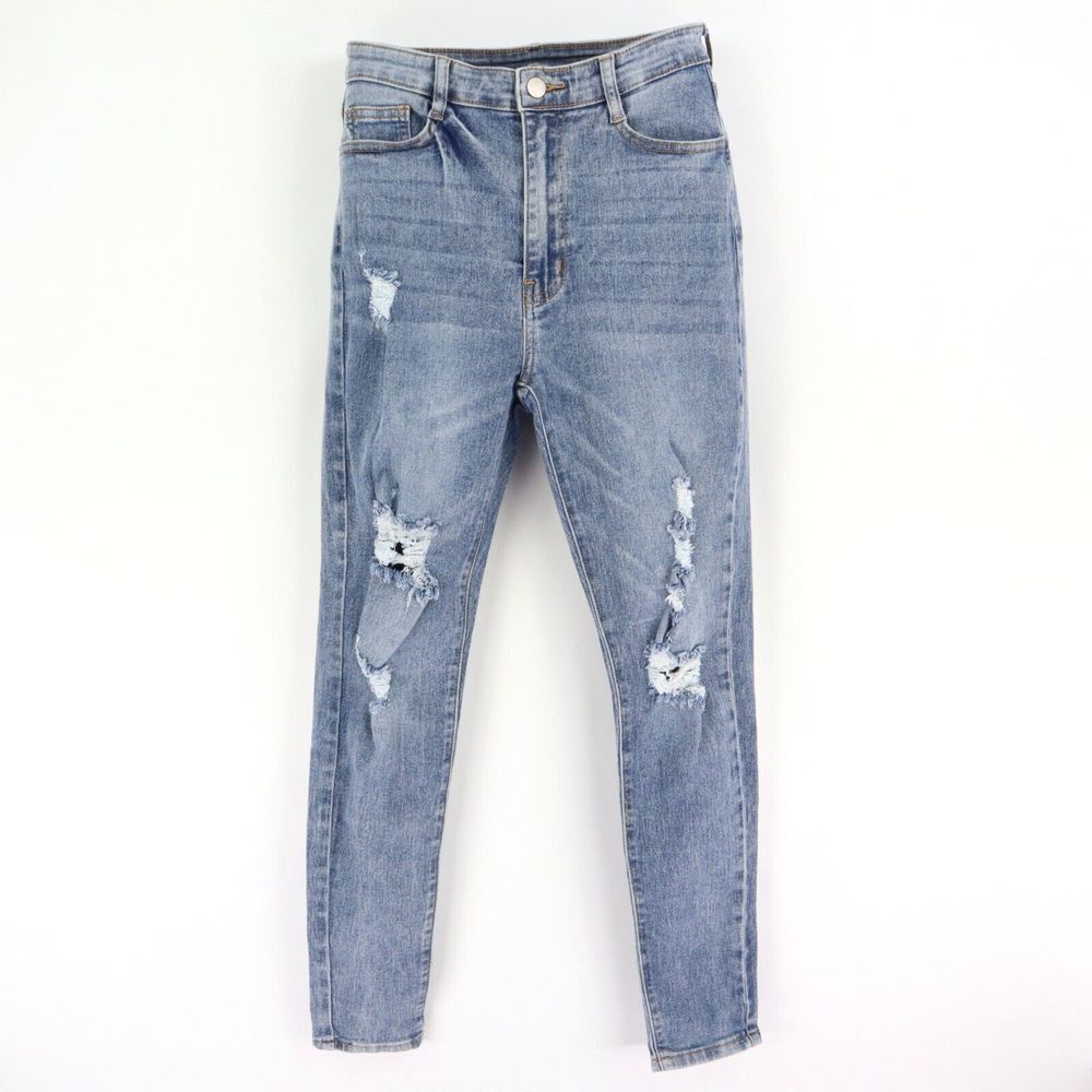 Shein Skinny Jeans Mid Rise Distressed Womens Sz M Blue Light Wash Denim Stretch
